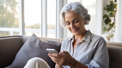 Beautiful happy senior woman with grey hair, using smartphone phone at home