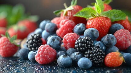   Berries and raspberries arranged on a blue surface with a green leaf