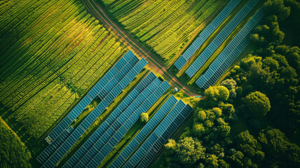 photograph of solar panels installed on agricultural land, capturing the sun's rays as they power irrigation systems and other farming equipment, enhancing crop yields sustainably
