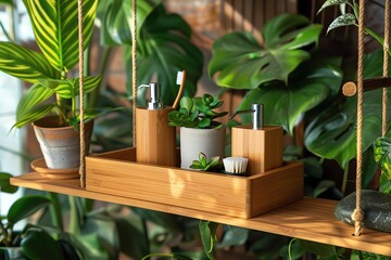 An ecofriendly bath set made of bamboo, including a soap dispenser, toothbrush holder, and a small storage box, showcased on a hanging shelf with green plants around
