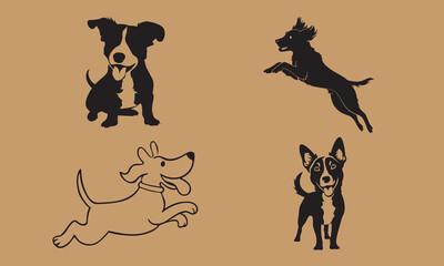 vector, isolated black silhouette of a cute dog, collection icon set