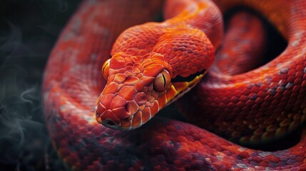 Close up of a red snake on a black background in the forest