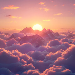 Breathtaking 3D Rendering of a Magical Sunrise Over Majestic Mountain Peaks