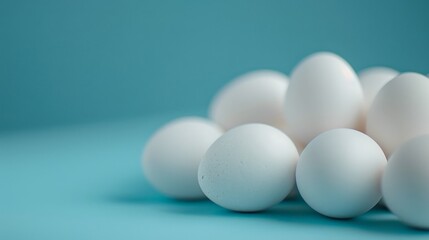 A pile of white eggs on a blue background