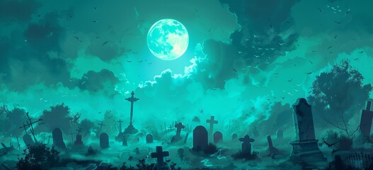 a spooky graveyard with tombstones, fog and moonlight in the background, cyan blue color theme, banner format