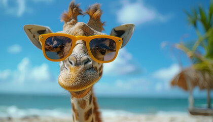A giraffe wearing sunglasses and standing on a beach by AI generated image