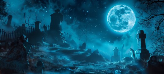 halloween background with moon and cemetery, fantasy illustration, blue green cyan color theme, 