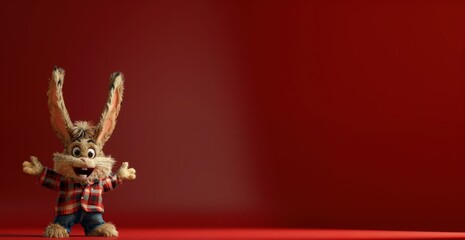 Adorable bunny 3d character full of infectious joy on red background