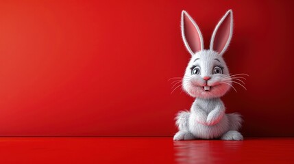 Obraz premium Adorable bunny 3d character full of infectious joy on red background