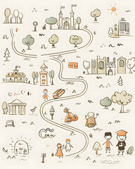 Simple childlike map line hand drawings in a doodle style isolated on white