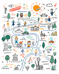 Simple childlike map line hand drawings in a doodle style isolated on white