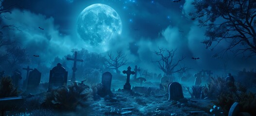 halloween background with moon and cemetery, fantasy illustration, blue green cyan color theme, 