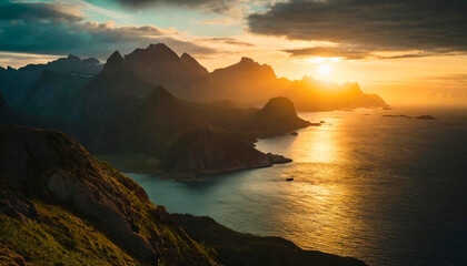 Mountains and sea, sunset colors landscape