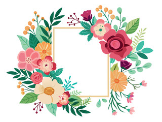 Fototapeta premium Wedding invitation colorful floral wreath frame spring flowers template 