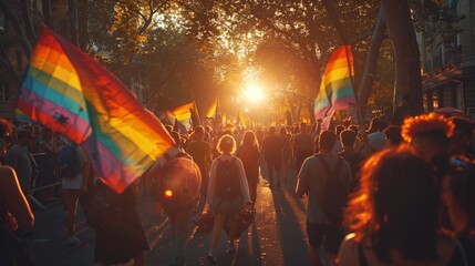 a cinematic shot of a pride parade, y2k aesthetic 