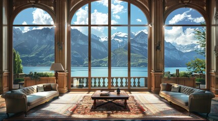Naklejka premium living room of a beautiful mansion with views of the lake and mountains