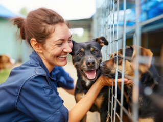 female volunteer at animal shelter petting rescued dogs