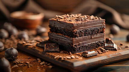   A wooden cutting board holds a stack of brownies, chocolate candies, and chocolate beans