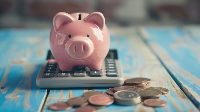 Pink piggy bank on calculator represents savings and finance. Conceptual image of personal finance management. Ideal for budgeting and savings advice. AI