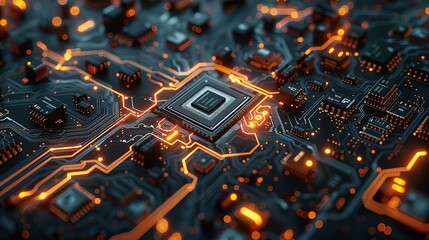 Fototapeta premium Digital technology with a visually compelling circuit board design, incorporating central computer processors and motherboard digital chips