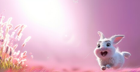 Adorable bunny 3d character full of infectious joy on pink background