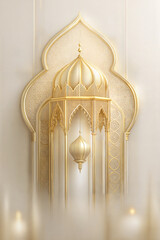 Ornate golden islamic lantern. Set against an embellished creamy background. Symbolizes the holy months of ramadan and eid al adha