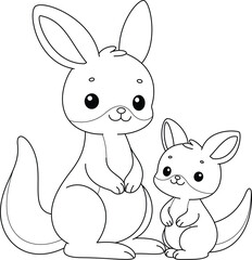 Cute kawaii kangaroo and baby cartoon character coloring page vector illustration. Wild animal, mothers day colouring page for kids