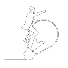 Continuous line drawing of young business man riding the light and pointing to the goal. Business growth concept. Design vector illustration