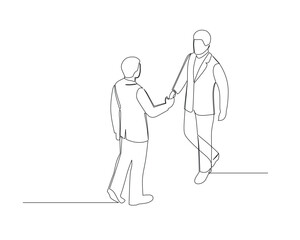 Continuous one line drawing two businessman shaking hands. Business growth concept. cooperation. Design vector illustration