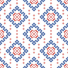 Fototapeta premium Cross Stitch embroidery seamless.Geometric pixel ethnic patterns. American, Mexican,African, mediterranean, nordic,Aztec style.Trendy folk art background design for products, fabric, ,print,decorate.