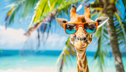 A giraffe wearing sunglasses and standing on a beach by AI generated image