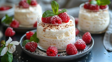   A close-up of a cake on a plate with raspberries on top, and another plate with raspberries on the side