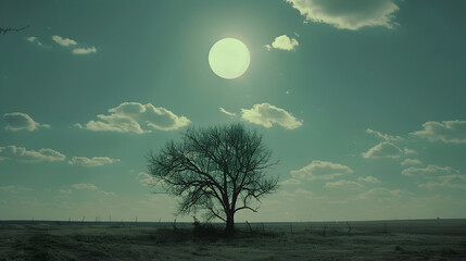 Fototapeta premium Solitary Tree Against Moonlit Sky in Dreamlike Field Landscape