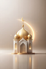 Golden islamic celebration background with traditional design for ramadan, eid mubarak, and eid al adha, featuring mosque, arabic crescent moon, stars, the spirit of the feast of sacrifice