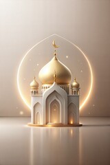 Golden islamic celebration background with traditional design for ramadan, eid mubarak, and eid al adha, featuring mosque, arabic crescent moon, stars, the spirit of the feast of sacrifice