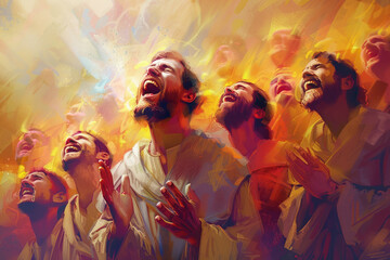 Disciples Filled with Joy., Pentecost a Christian holiday, the descent of the Holy Spirit.