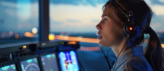 Close up Woman Diverse Air Traffic Control Team Working in Modern Airport Tower at Night.