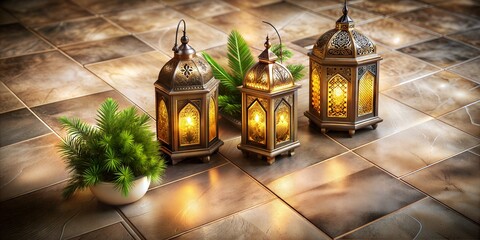 Traditional arab culture symbols, islamic lanterns and lamps against ornate background with text area, the spirit of ramadan and eid mubarak with eid al adha