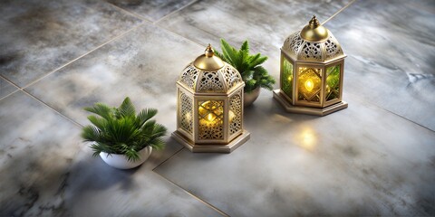 Ornate islamic lanterns cast a warm glow beside lush greenery, symbolizing the holy months of ramadan and the festivities of eid al fitr and eid al adha on a marble background with text area