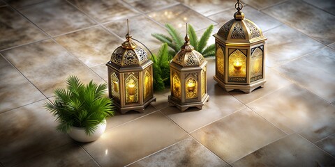 Ornate islamic lanterns cast a warm glow beside lush greenery, symbolizing the holy months of ramadan and the festivities of eid al fitr and eid al adha on a marble background with text area