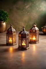 Traditional arab culture symbols, islamic lanterns and lamps against ornate background with text area, the spirit of ramadan and eid mubarak with eid al adha