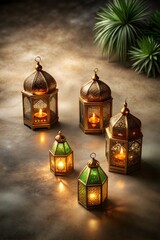 Elegant islamic lanterns gently illuminate a textured surface, symbolizing the holy months of ramadan and eid, commemorating eid al adha, the feast of sacrifice