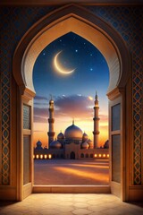 Islamic celebration background with Mosque adorned with lights, seen through an ornate arch during the night of the holy month for islamic holidays like ramadan, eid al fitr, and eid al adha