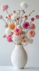 Elegant Arrangement of Multicolored Dahlias in a Textured White Vase on a Neutral Background.