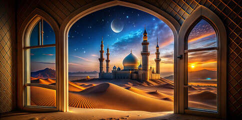 Stunning digital artwork depicting a view of an ornate islamic mosque from an arched window against a backdrop of desert dunes, starry sky, and crescent moon during ramadan