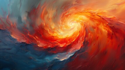 The image is an abstract painting of a tornado. The colors are red, orange, yellow, and blue. The painting is very intense and conveys a sense of danger and power. - obrazy, fototapety, plakaty