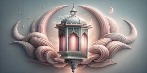 Islamic lantern illuminated against a serene backdrop, symbolizing ramadan and eid festivities, with a crescent moon enhancing the spiritual ambiance of the feast of sacrifice