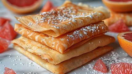   A stack of crepes sits on a table next to grapefruits and a grapefruit