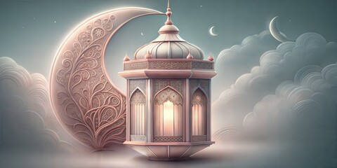 Elegant illustration of an ornamental lantern against a dreamy backdrop with a crescent moon, symbolizing the holy month of ramadan and the festive spirit of eid