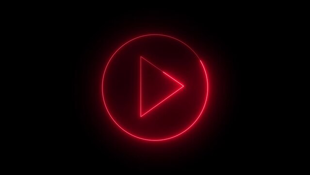 red play button on black background. Start button. Neon glowing play button. Neon glowing play button